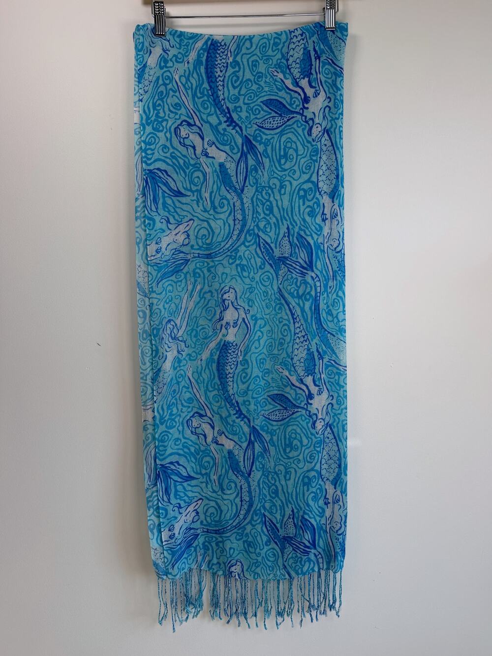 Lilly Pulitzer Murfee Scarf Nice Tail Mermaid Silk Cashmere Blue Fringe Wrap